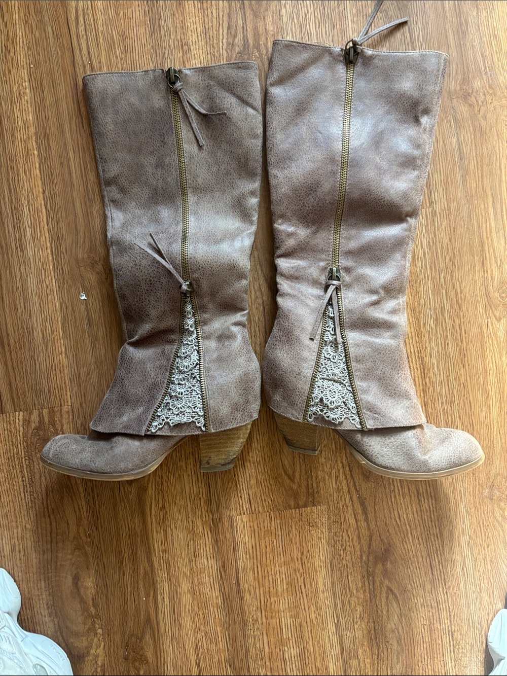 Not Rated Taupe Lace-Trim Mid-Calf Heeled Boots